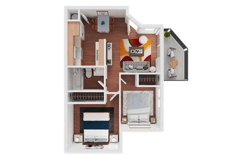 Floor plan for 2 beds, 1 bath, 585 sqft